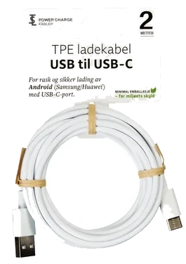 2 m Usb C Hvit Ladekabel