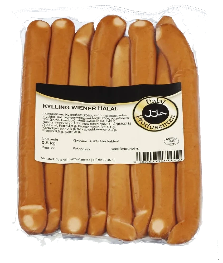 Kylling Wienerpølse 500g Halal Åkeberg Skoglunn