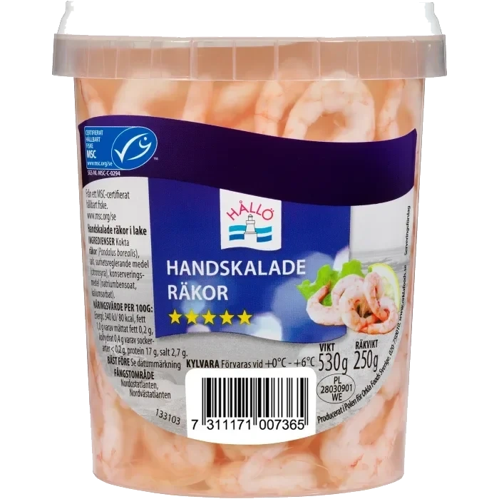 Räkor handskalade i lake 250g Hållö