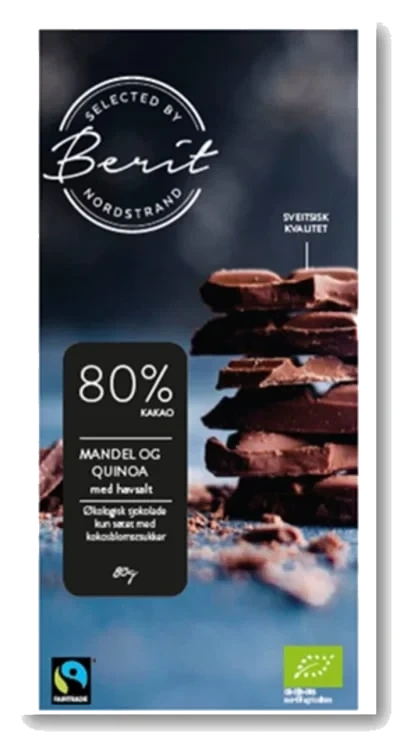 Berit Sjokolade 72% Kakao Quinoa, Mandler og Havsalt