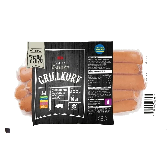 Grillkorv Extra fin 75% Kötthalt 500g ICA