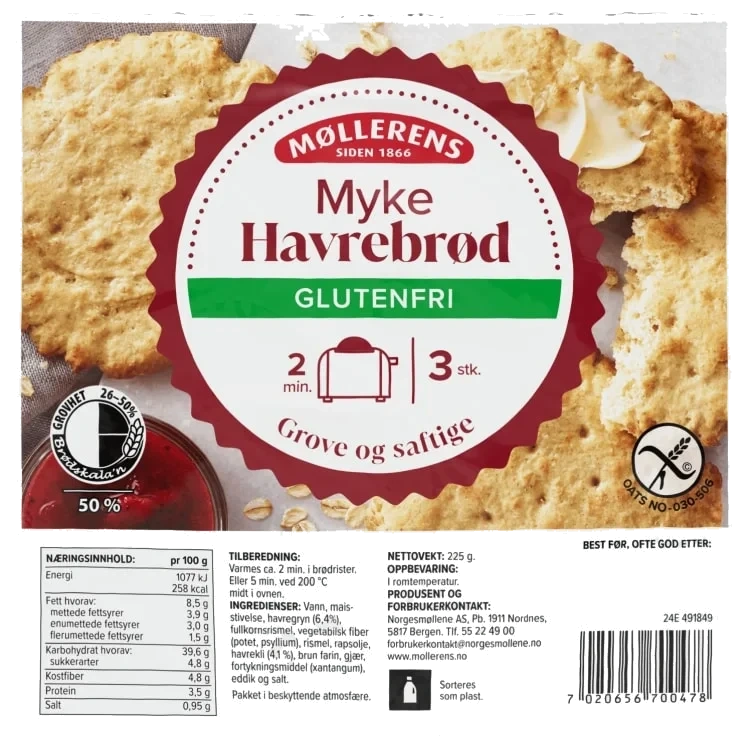 Havrebrød Runde Myke Gl.Fri 3stk Møllerens