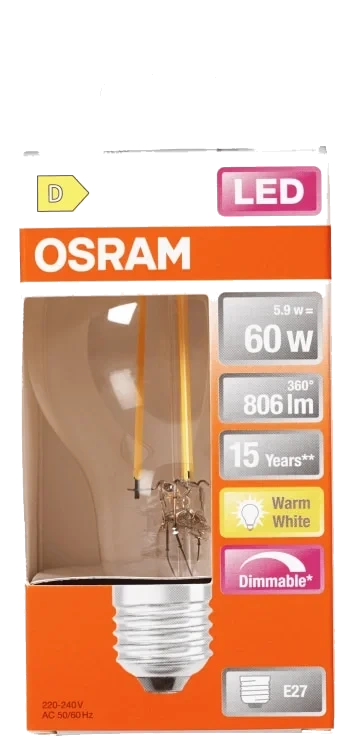 Lyspære Led Cl A 60 Klar Dim 827 E27 Osram