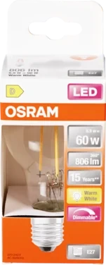Lyspære Led Cl A 60 Klar Dim 827 E27 Osram