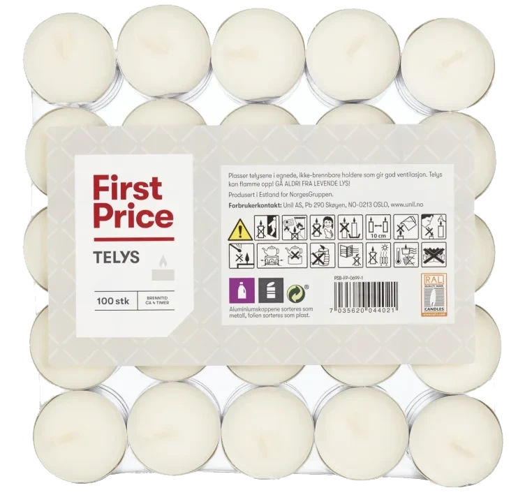 Telys Hvit 4t 100stk First Price