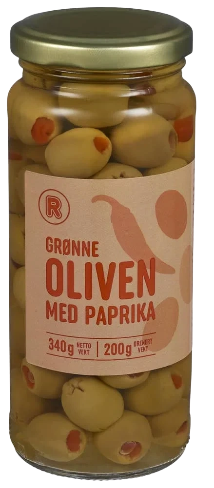 Grønne oliven Med paprika, 340 g