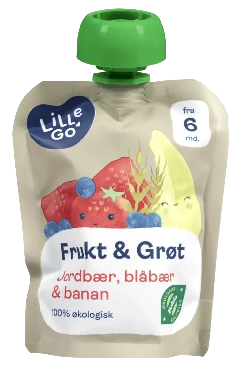 Frukt&grøt Jordb/blåb Økol 6mnd 90g Lillego
