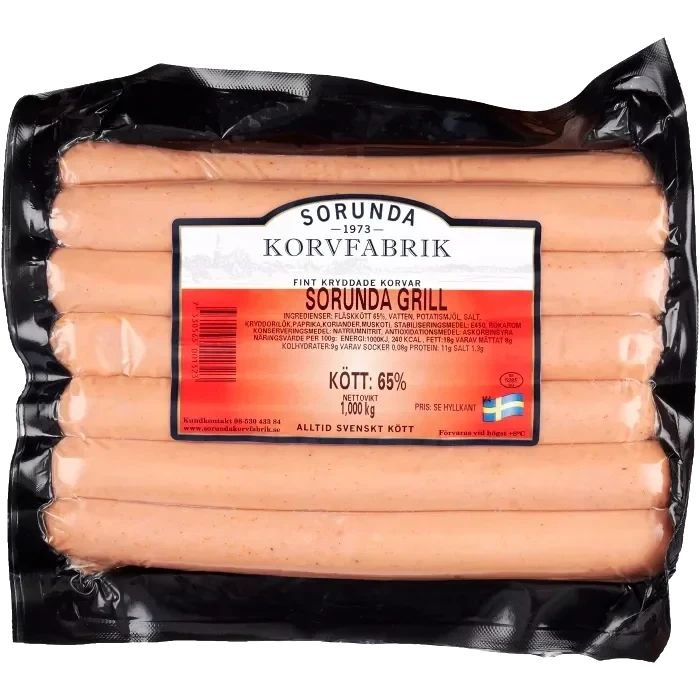 Sorunda Grill 65% Kötthalt 1kg Sorunda Korvfabrik