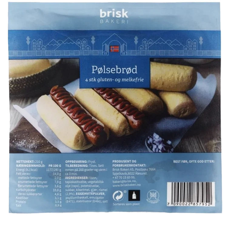 Gluten og Laktosefritt Pølsebrød Frose Brisk Bakeri
