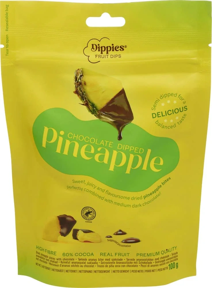 Tørket ananas dyppet i sjokolade