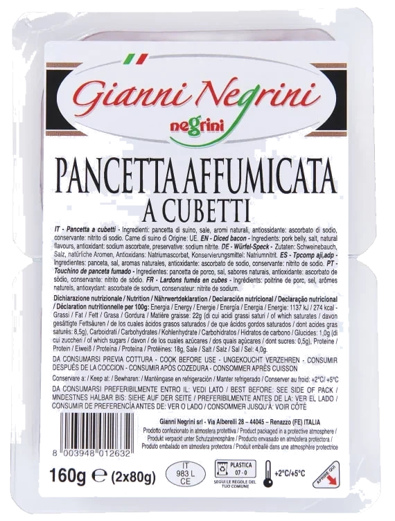 Pancetta Cubetti Røkt Bacon 2x80g Negrini