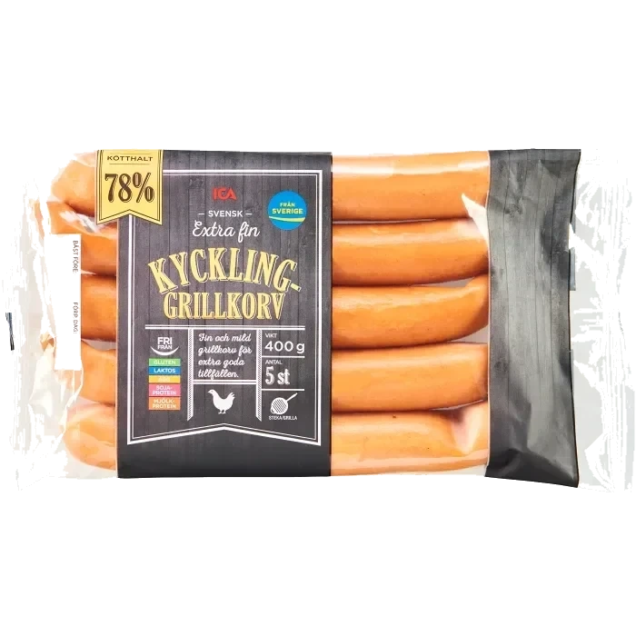 Grillkorv Kyckling Extra fin 78% Kötthalt 400g ICA