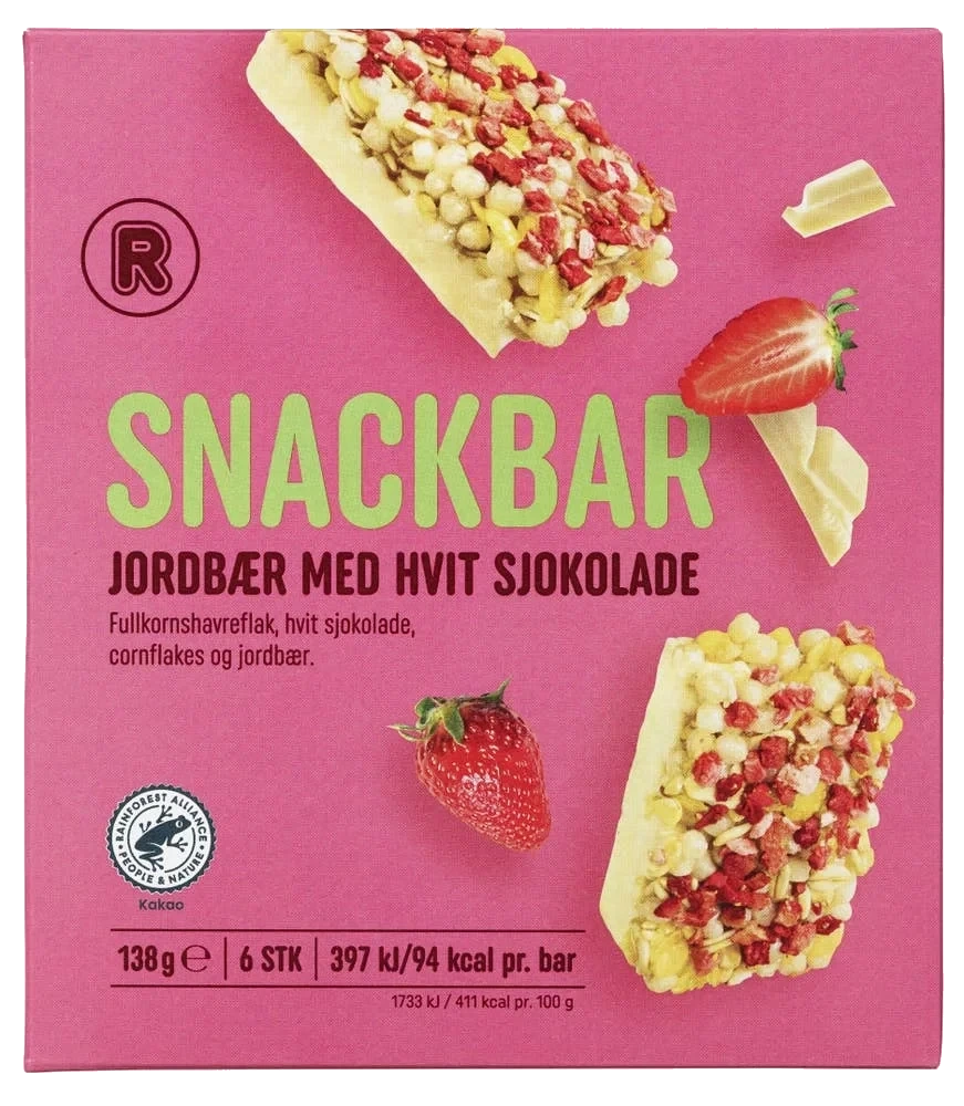 Snackbar med jordbær og hvit sjokolade