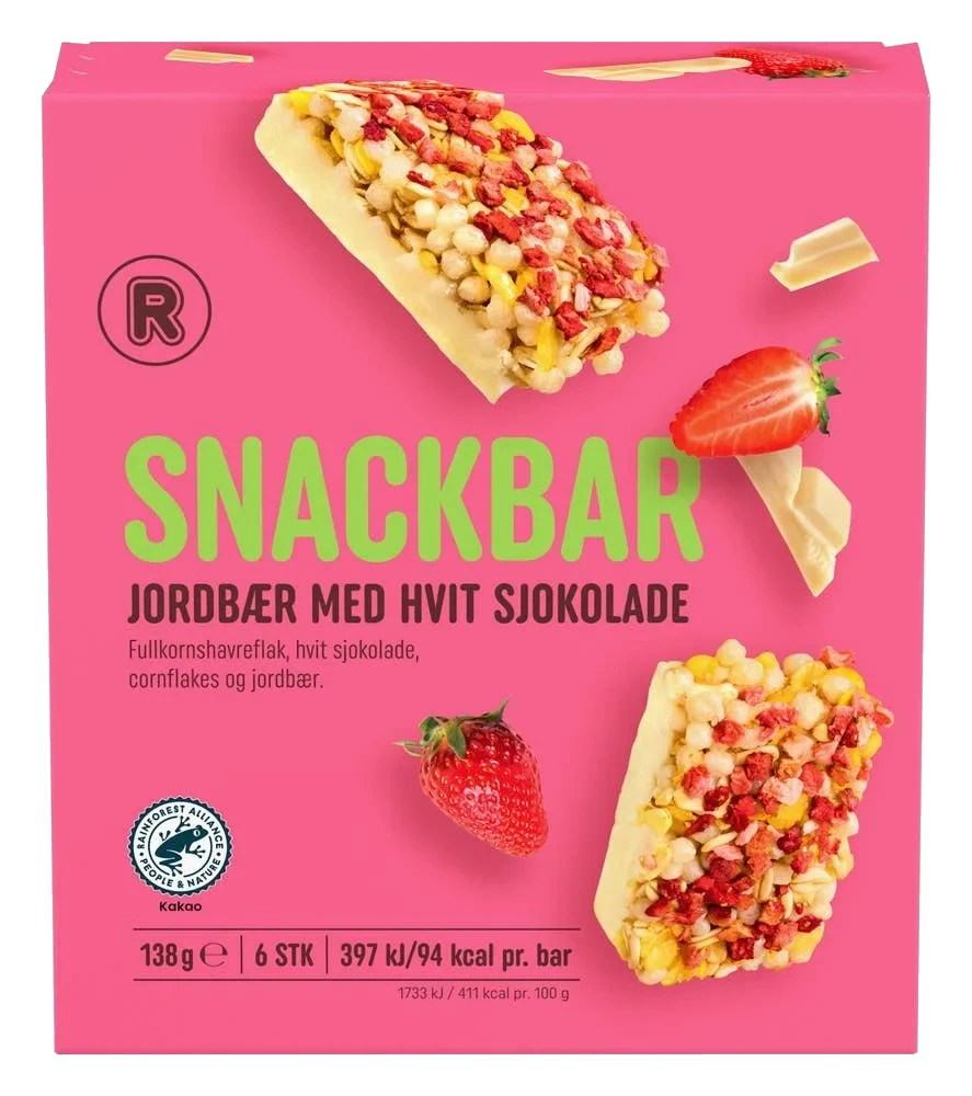 Snackbar med jordbær og hvit sjokolade