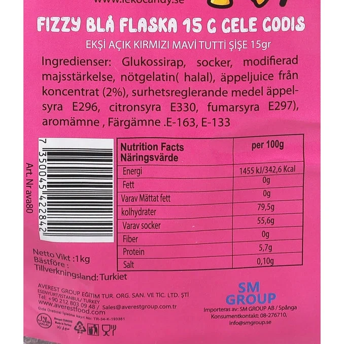 Godis Fizzy Blå Flaskor