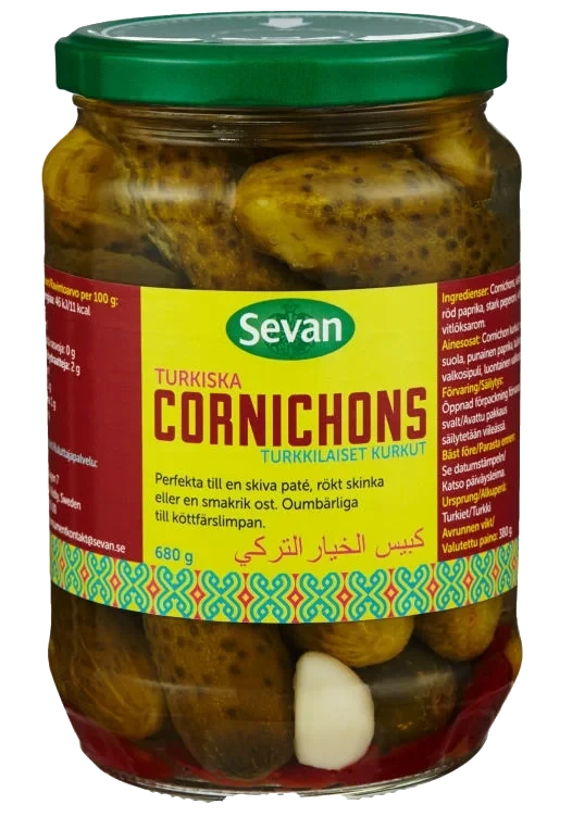 Cornichons Syltet Hel Agurk med Rød Paprika og Sterk Pepperoni (pepperfrukt)