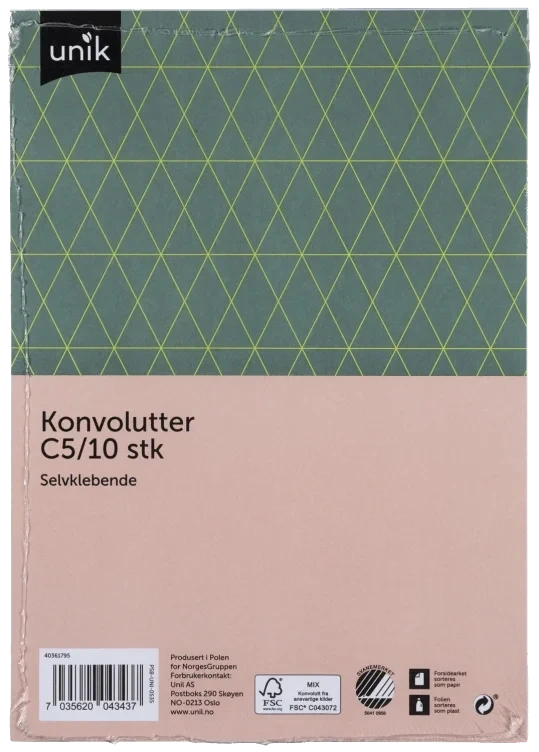 Konvolutt C5 Selvklebende Mappe 10stk Unik