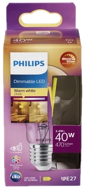 Led Classic Lyskilde 40w A60 Standard E27 Klar Filament Warmglow Dimbar Philips