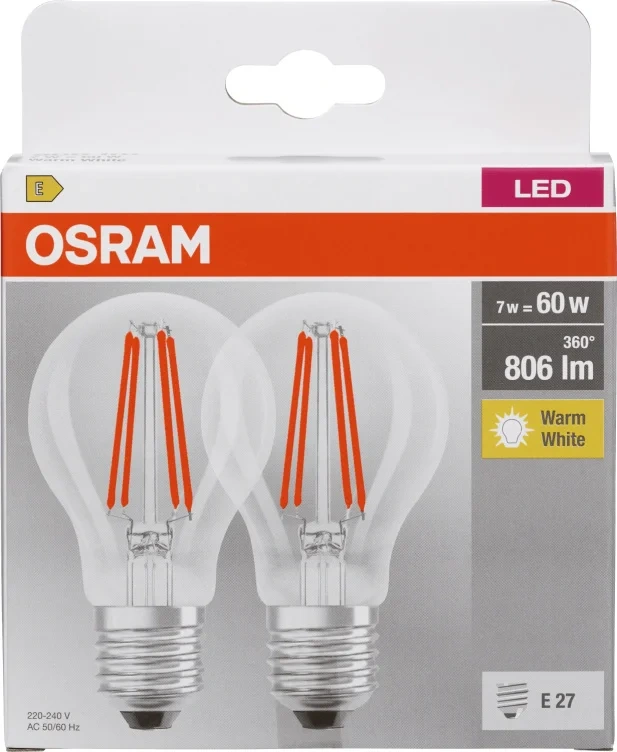 Lyspære Led Cla 60 Klar E27 2-Pk Osram