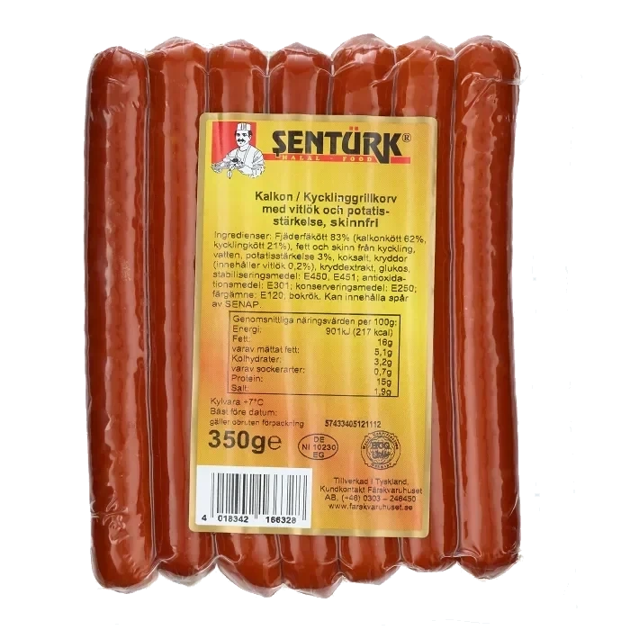 Kalkon Kycklinggrillkorv med vitlök skinnfri 350g Sentürk