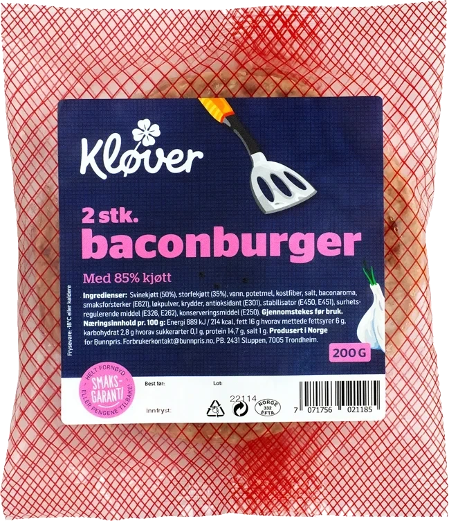KLØVER BACONBURGER RÅ 85% 2 x 100 g Frys