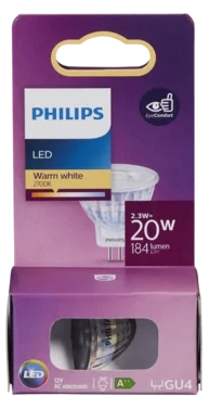 Led 20w Gu4 Spotpære Varmhvit Farge 36grader Spredningsvinkel Philips