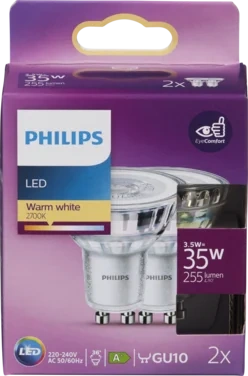 Led Classic 35w Gu10 Spotpære Varmhvit Lys 36grader Spredningsvinkel 2pk Philips