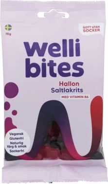 Wellibites Sukkerfri Vegansk Glutenfri Godteri med Vitamin B6 Bringebær og Salt Lakris 70g