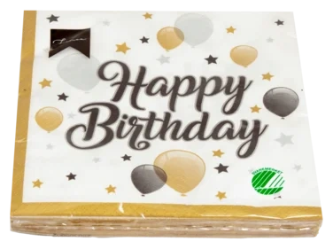 Serviett 33cm gull happy birthday Linea