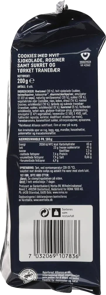 Cookies med hvit sjokolade og tranebær