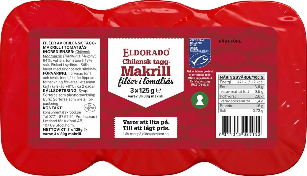 Makrillfiléer i Tomatsås MSC 3-p
