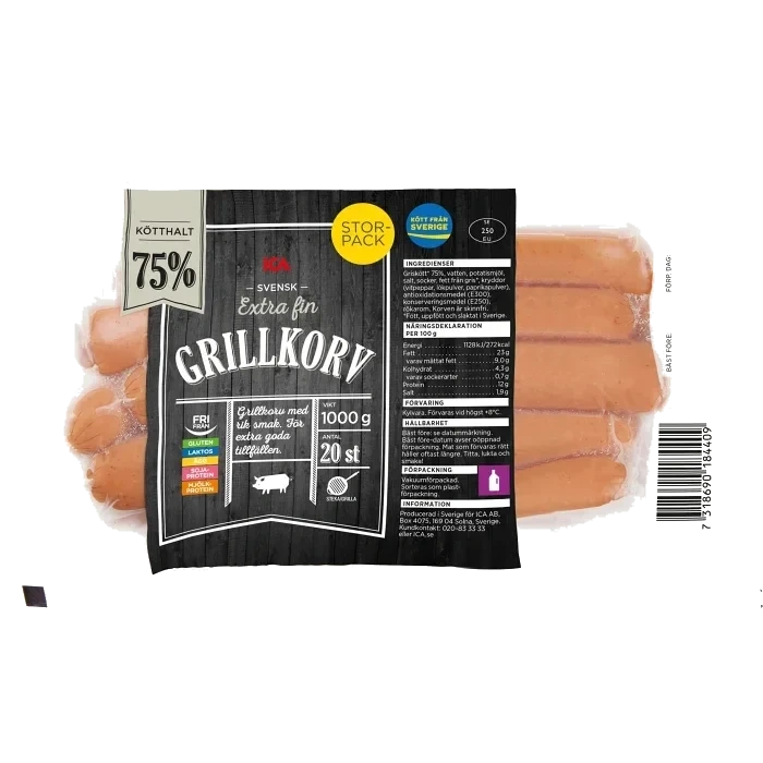 Grillkorv Extra fin 75% Kötthalt 1kg ICA