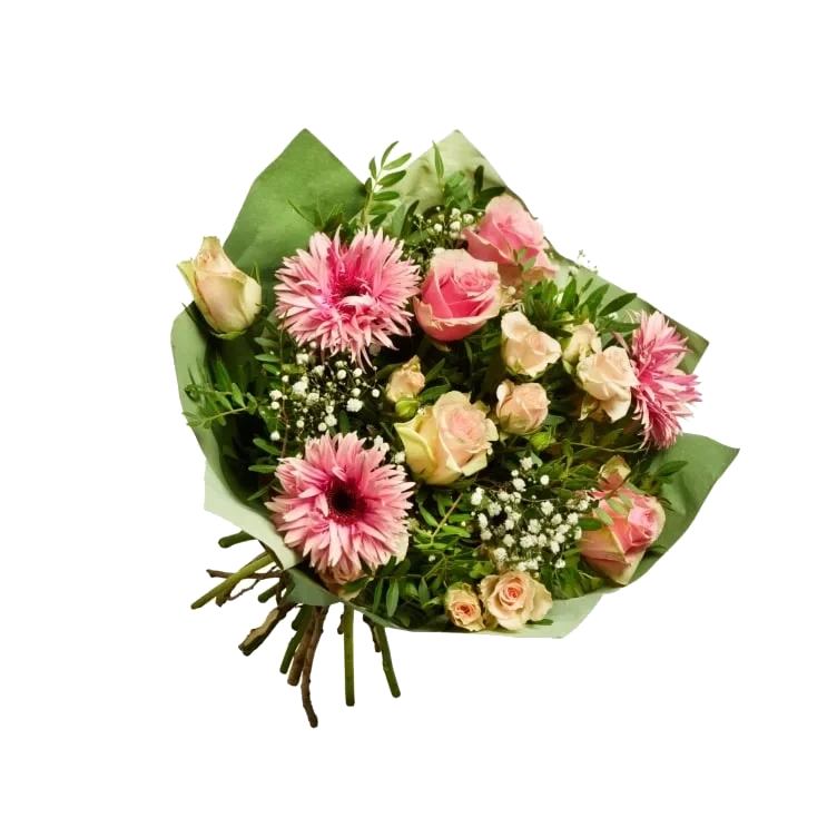 Gavebukett Lys Rosa Håndbundet Rosemiks med Germini