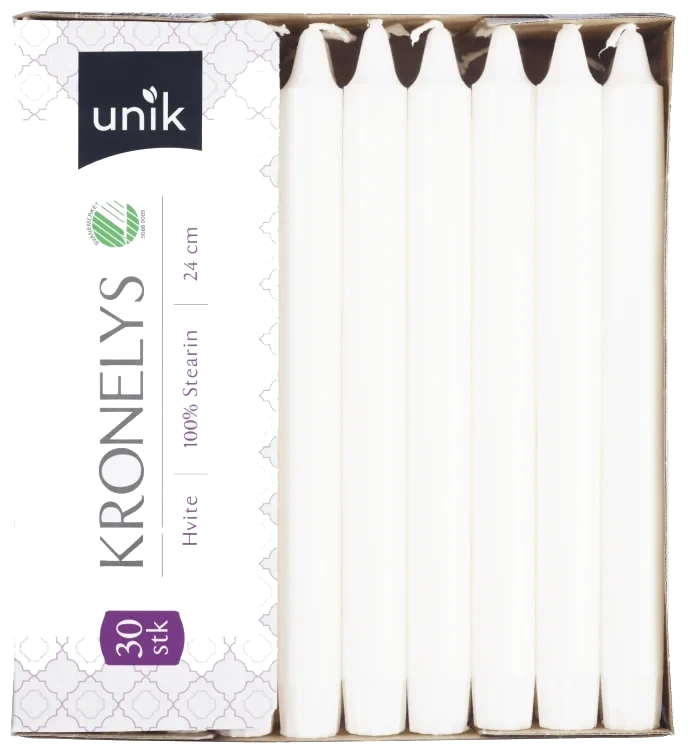 Kronelys Hvit 100% Stearin 24cm 30stk Unik