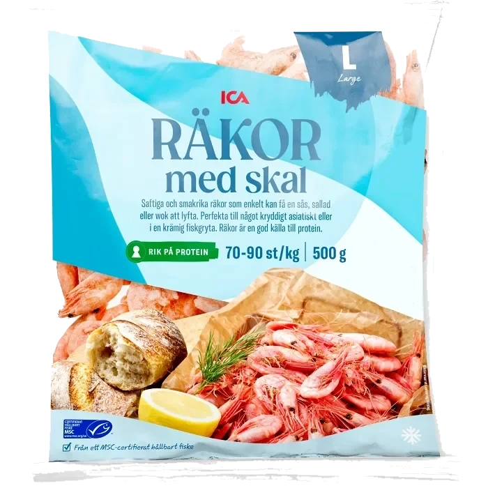Räkor med skal 70/90 Fryst 500g ICA