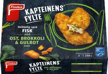 Kapteinens Fylte™ Skikkelig Sprø Fisk med Ost Brokkoli & Gulrot Saus