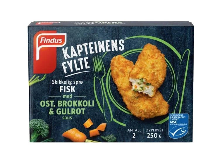Kapteinens Fylte™ Skikkelig Sprø Fisk med Ost Brokkoli & Gulrot Saus
