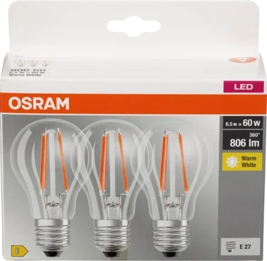 Lyspære Led Cl A 60 Klar E27 3 pakke Osram