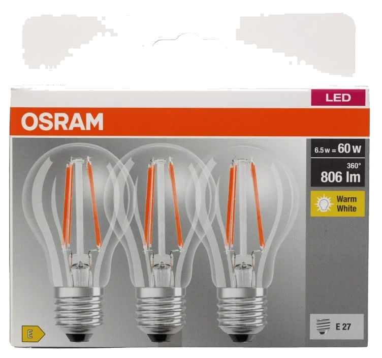 Lyspære Led Cl A 60 Klar E27 3 pakke Osram