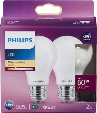 Led Classic 60w E27 Normal Frost Varmhvit Lys 2pk Philips