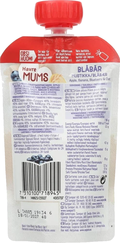Fruktmums med havre og blåbær