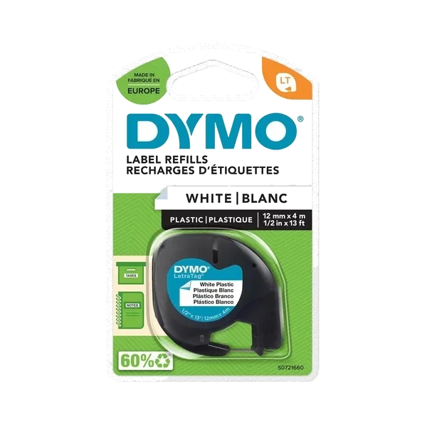 Tape Dymo Letratag 12mm Plast Sort/ Hvit