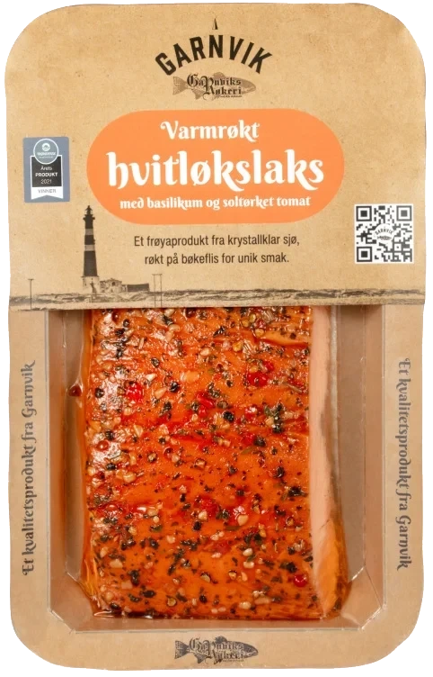 Varmrøkt Hvitløkslaks med Soltørket Tomat & Basilikum 200g Garnvik Røkeri