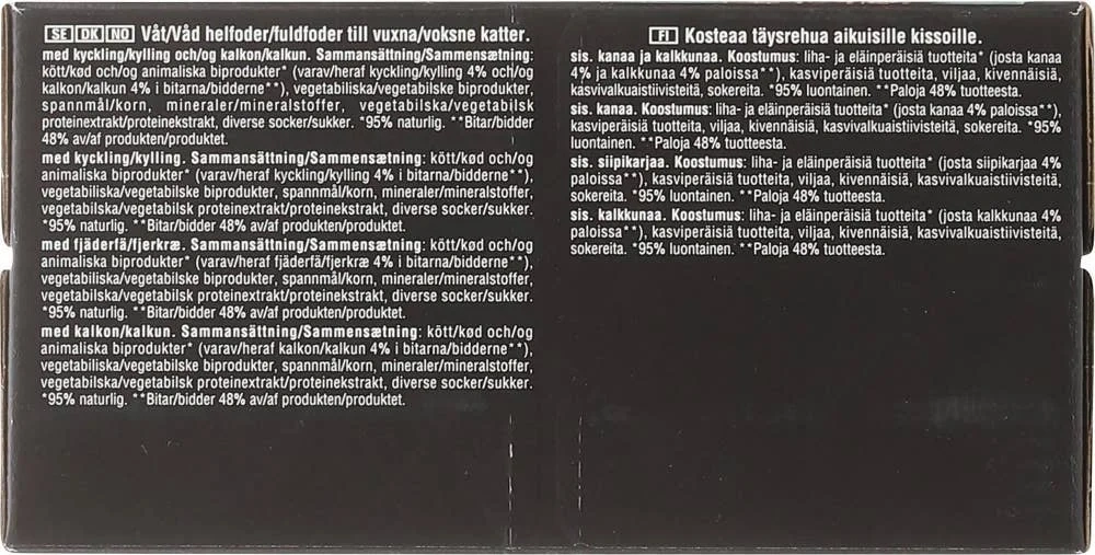Selection våt kattemat med and, kylling, fjærfe og kalkun