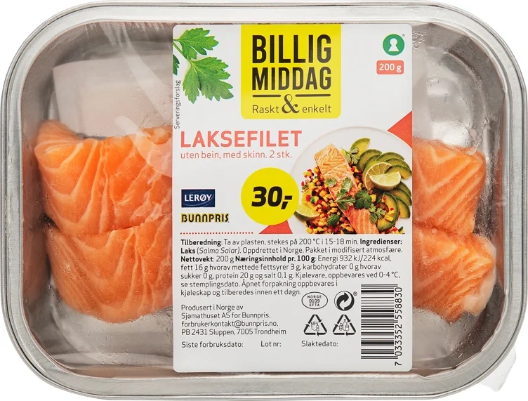 LERØY LAKSEFILET 200 g Naturell m/skinn og u/bein