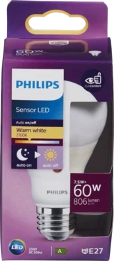 Led Sensorpære med Dag og Nattlys-sensor 60w E27 Normal Philips