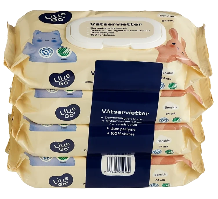 VÅTSERVIETTER Plastfri 4 x 64 stk Lillego