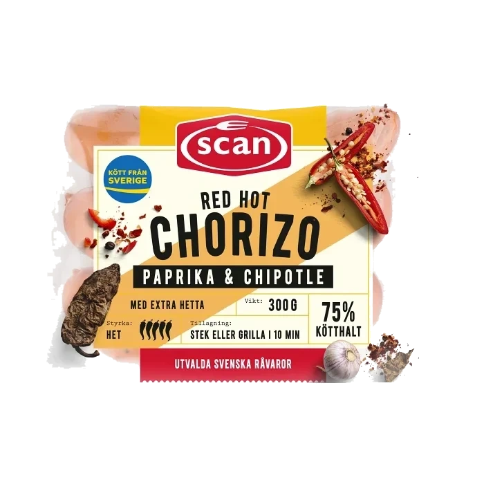 Choritzo Red hot Paprika & Chipotle 75% Kötthalt 300g Scan