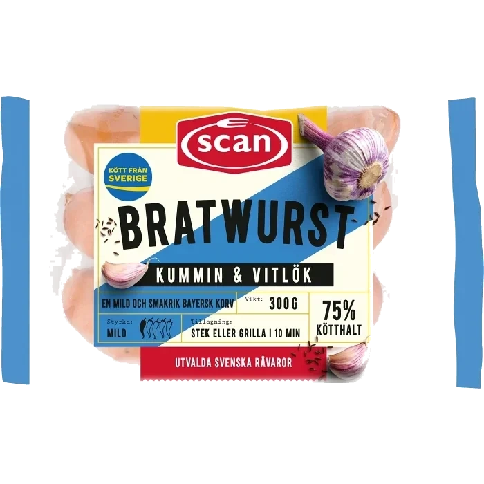 Bratwurst Kummin Vitlök 75% Kötthalt 300g Scan