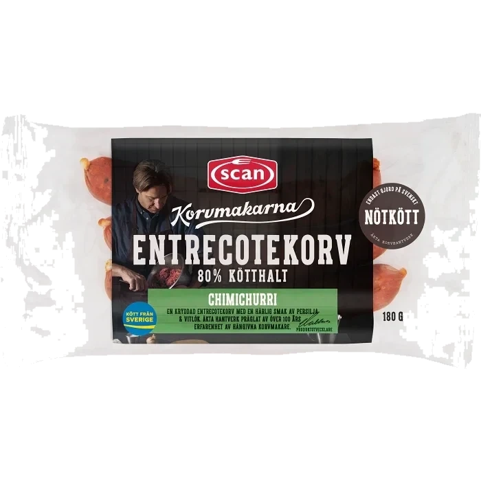 Entrecotekorv Chimichurri 80% Kötthalt 180g Korvmakarna Scan
